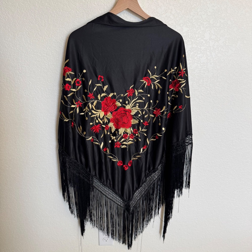 Whimsigoth Boho Floral Embroidered Fringe Shawl Wrap OS Black Red Gold